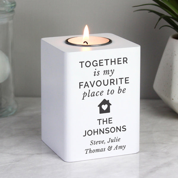 Buy Personalised Home White Wooden Tea light Holder available now at www.giftsfinder.co.uk