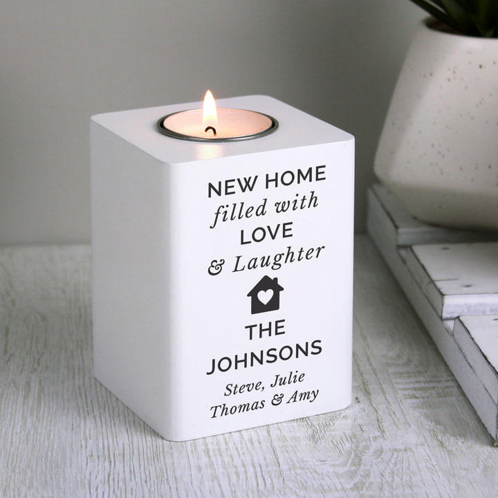 Buy Personalised Home White Wooden Tea light Holder available now at www.giftsfinder.co.uk