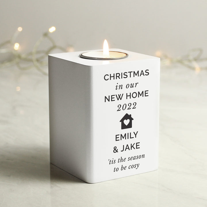 Buy Personalised Home White Wooden Tea light Holder available now at www.giftsfinder.co.uk