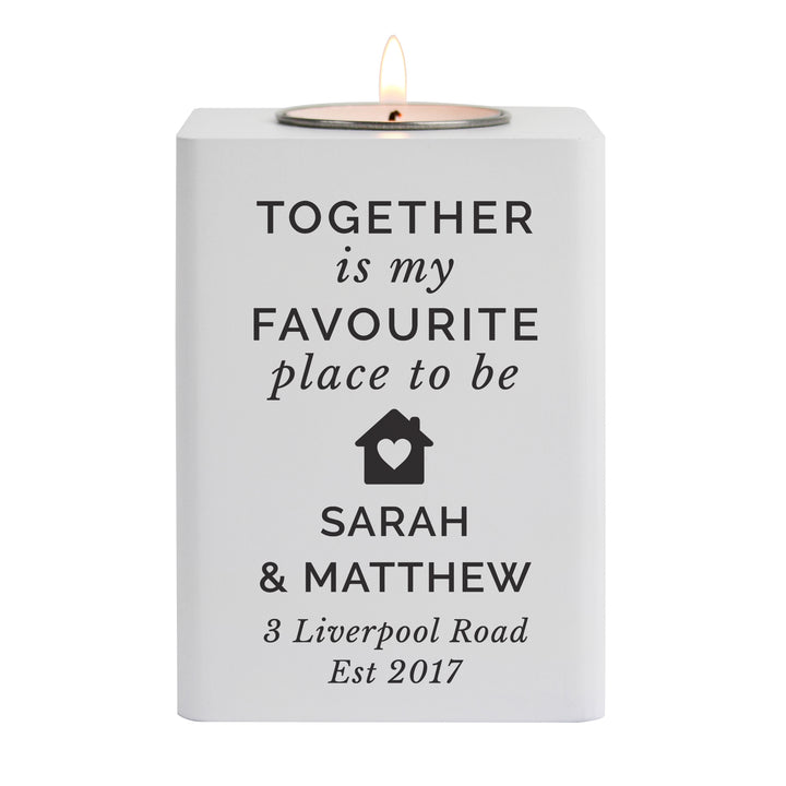 Buy Personalised Home White Wooden Tea light Holder available now at www.giftsfinder.co.uk