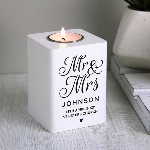 Buy Personalised Mr & Mrs White Wooden Tea light Holder at www.giftsfinder.co.uk