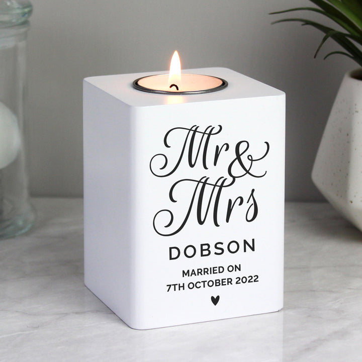 Personalised Mr & Mrs White Wooden Tea Light Holder - part of the Gifts Finder Personalised Tea Light Holders collection