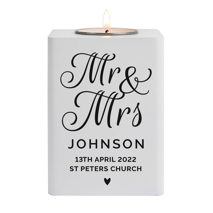 Personalised Mr & Mrs White Wooden Tea Light Holder - part of the Gifts Finder Personalised Tea Light Holders collection