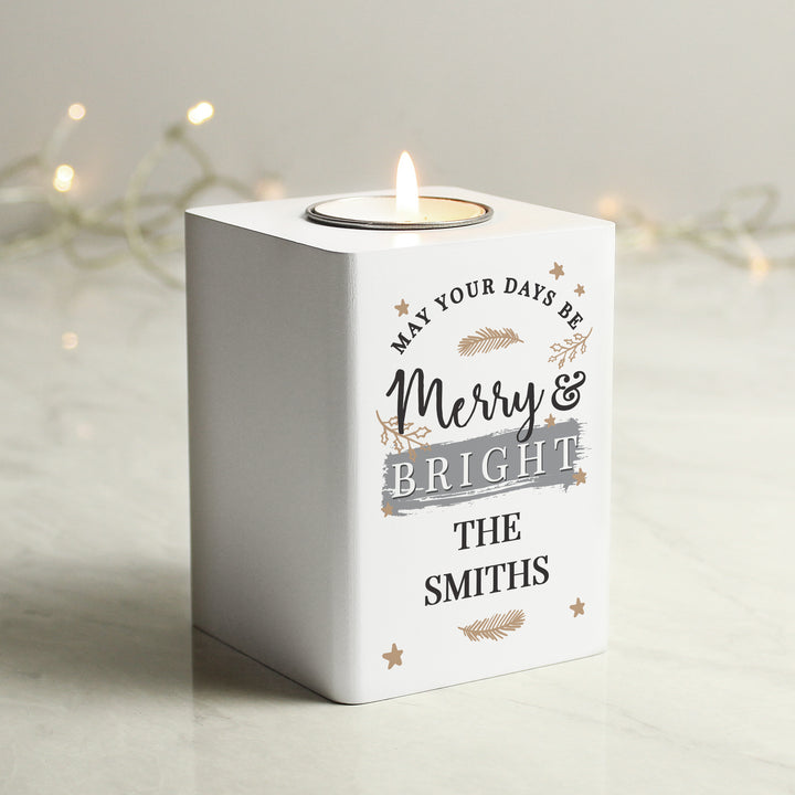 Buy Personalised Merry & Bright White Wooden Tea light Holder available now at www.giftsfinder.co.uk