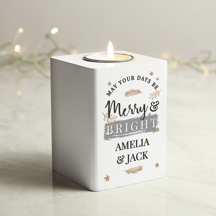 Buy Personalised Merry & Bright White Wooden Tea light Holder available now at www.giftsfinder.co.uk