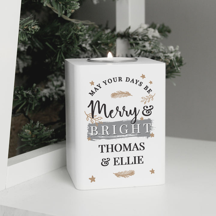 Buy Personalised Merry & Bright White Wooden Tea light Holder available now at www.giftsfinder.co.uk