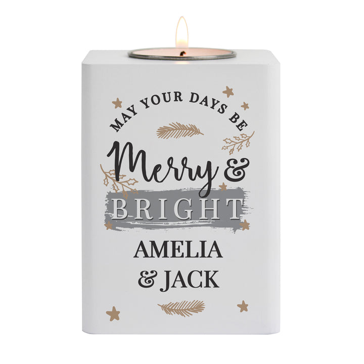 Buy Personalised Merry & Bright White Wooden Tea light Holder available now at www.giftsfinder.co.uk