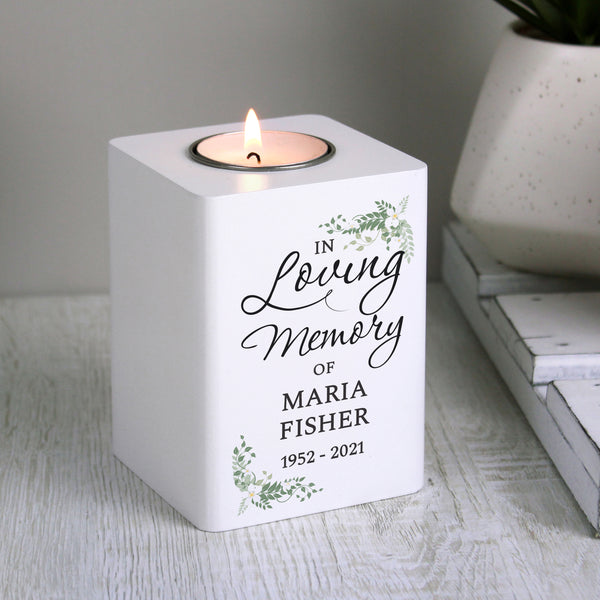 Buy Personalised In Loving Memory White Wooden Tea light Holder available now at www.giftsfinder.co.uk