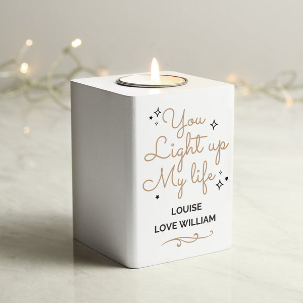 Buy Personalised Light Up My Life White Wooden Tea light Holder available now at www.giftsfinder.co.uk