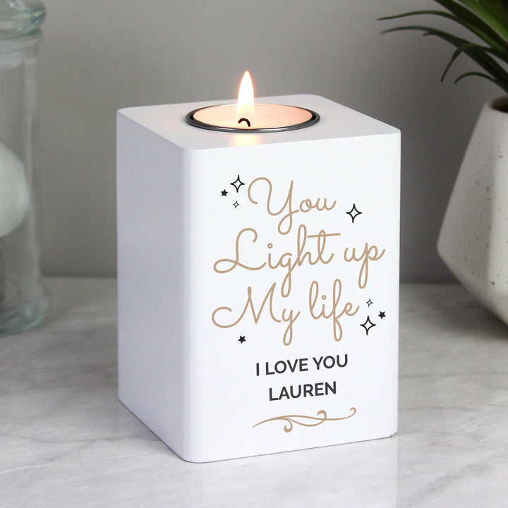 Personalised Light Up My Life White Wooden Tea Light Holder - part of the Gifts Finder Personalised Tea Light Holders collection