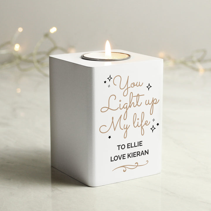 Personalised Light Up My Life White Wooden Tea Light Holder - part of the Gifts Finder Personalised Tea Light Holders collection