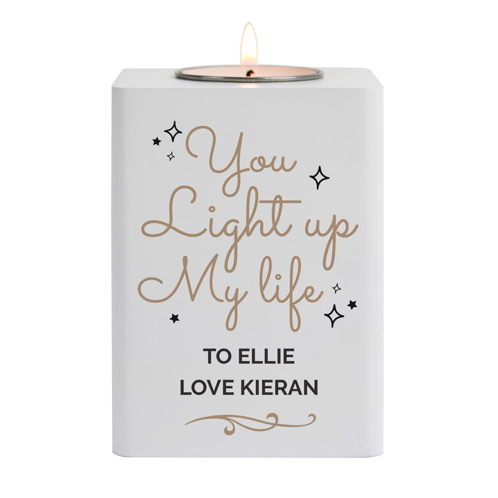 Personalised Light Up My Life White Wooden Tea Light Holder - part of the Gifts Finder Personalised Tea Light Holders collection