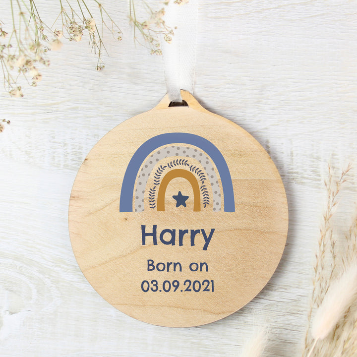 Buy Personalised Blue Rainbow Round Wooden Decoration available now at www.giftsfinder.co.uk