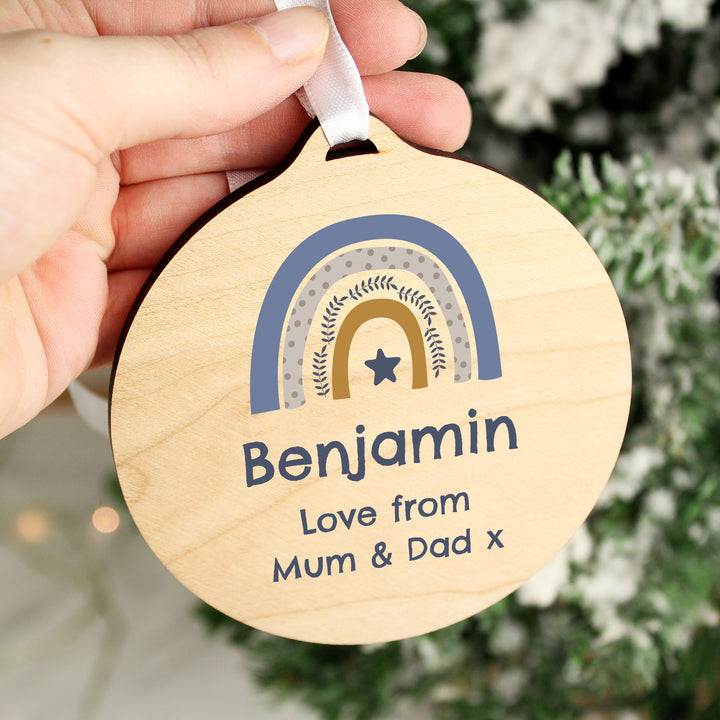 Buy Personalised Blue Rainbow Round Wooden Decoration available now at www.giftsfinder.co.uk