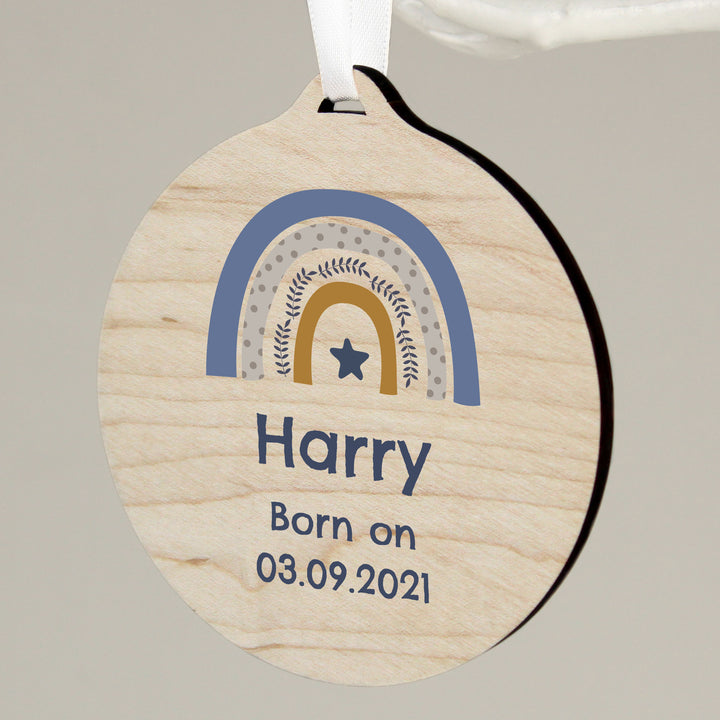 Buy Personalised Blue Rainbow Round Wooden Decoration available now at www.giftsfinder.co.uk