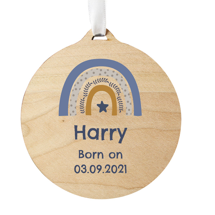 Buy Personalised Blue Rainbow Round Wooden Decoration available now at www.giftsfinder.co.uk