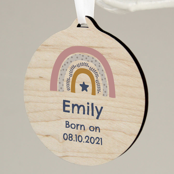 Buy Personalised Pink Rainbow Round Wooden Decoration at www.giftsfinder.co.uk