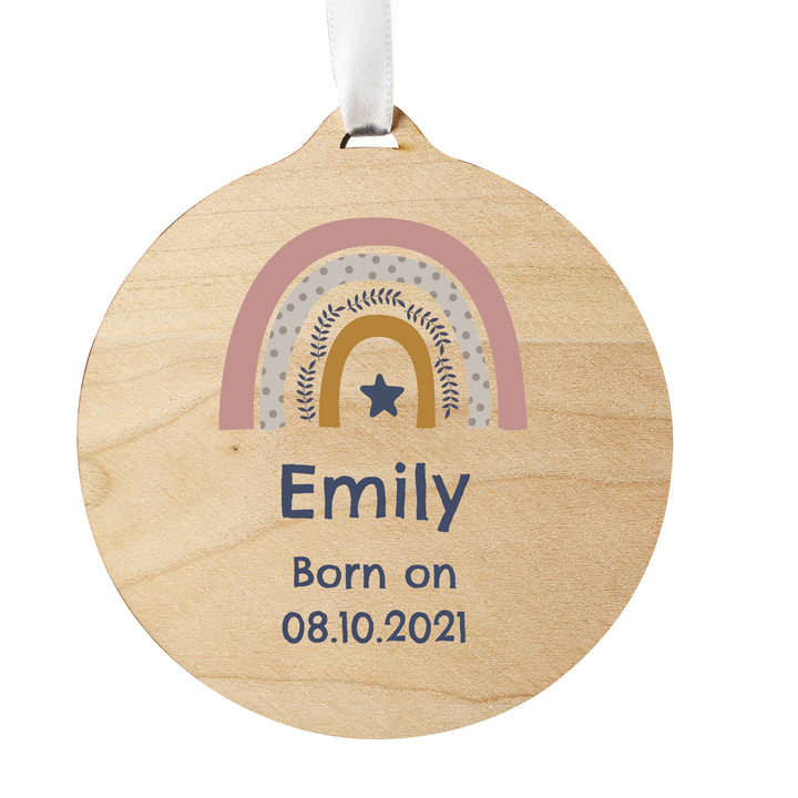 Buy Personalised Pink Rainbow Round Wooden Decoration at www.giftsfinder.co.uk