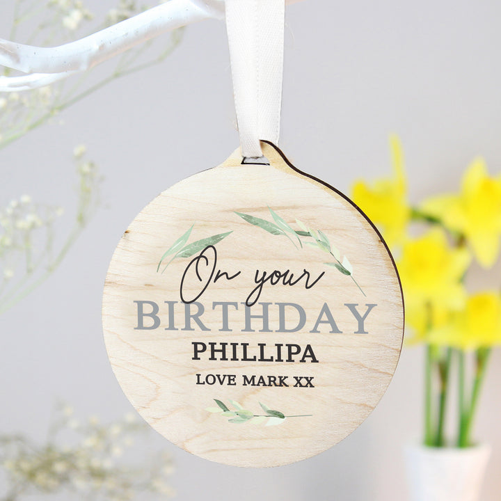 Buy Personalised Leaf Decor Round Wooden Decoration available now at www.giftsfinder.co.uk