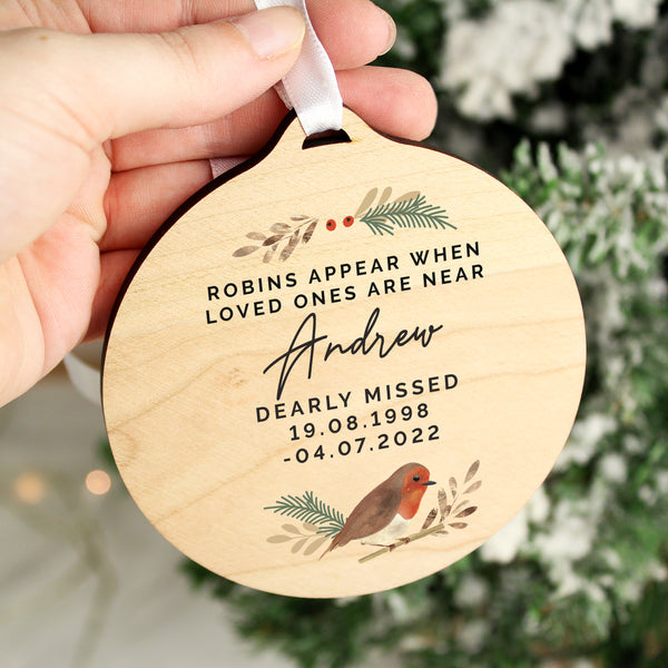 Personalised Robin Memorial Round Wooden Decoration in gift category Personalised Memorials