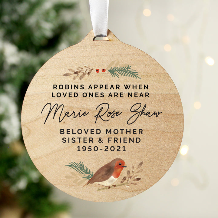 Personalised Robin Memorial Round Wooden Decoration in gift category Personalised Memorials