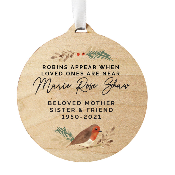 Personalised Robin Memorial Round Wooden Decoration in gift category Personalised Memorials