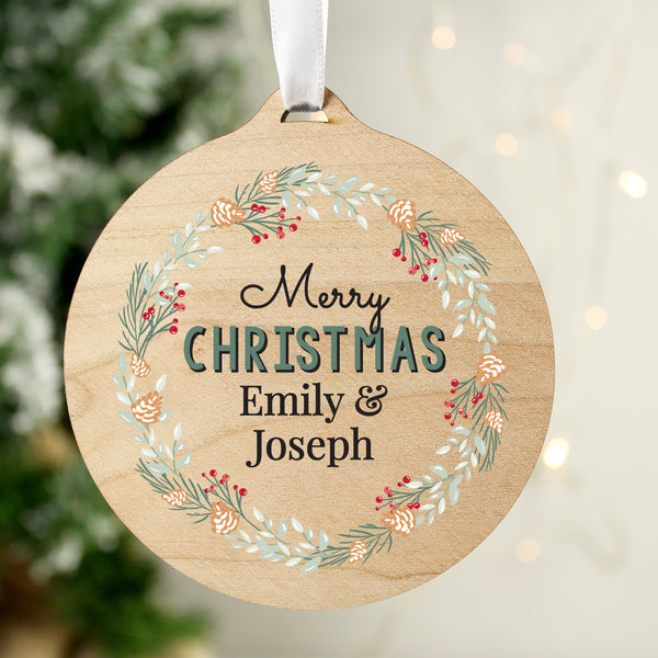 Personalised Wreath Round Wooden Decoration in gift category Personalised Christmas Decorations