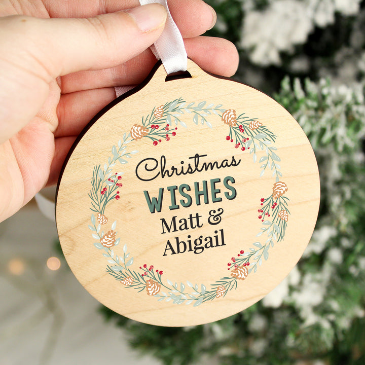 Personalised Wreath Round Wooden Decoration - part of the Gifts Finder Personalised Christmas Decorations collection