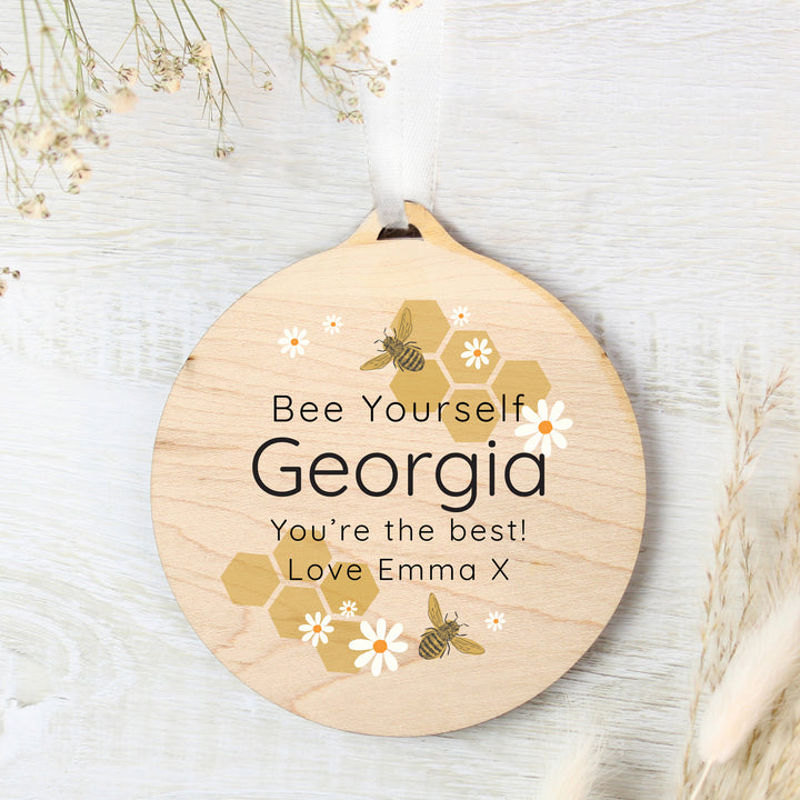 Personalised Bee Round Wooden Decoration - part of the Gifts Finder Personalised Ornaments & Keepsakes collection