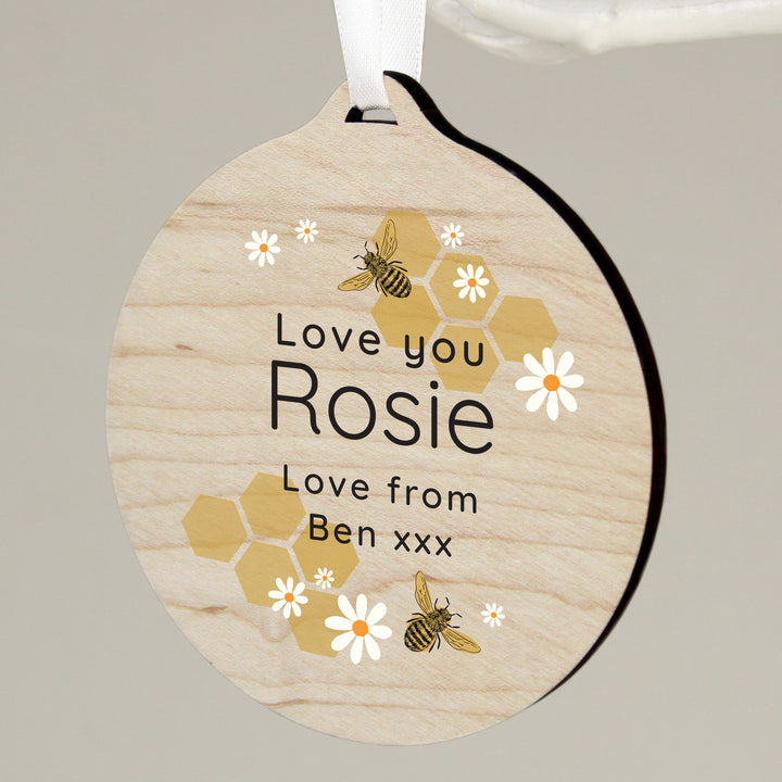 Personalised Bee Round Wooden Decoration - part of the Gifts Finder Personalised Ornaments & Keepsakes collection