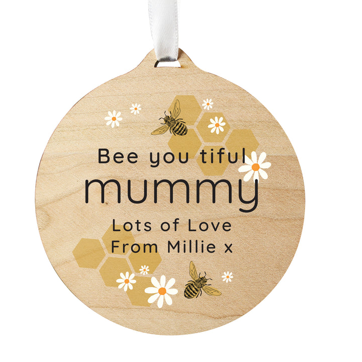 Personalised Bee Round Wooden Decoration - part of the Gifts Finder Personalised Ornaments & Keepsakes collection