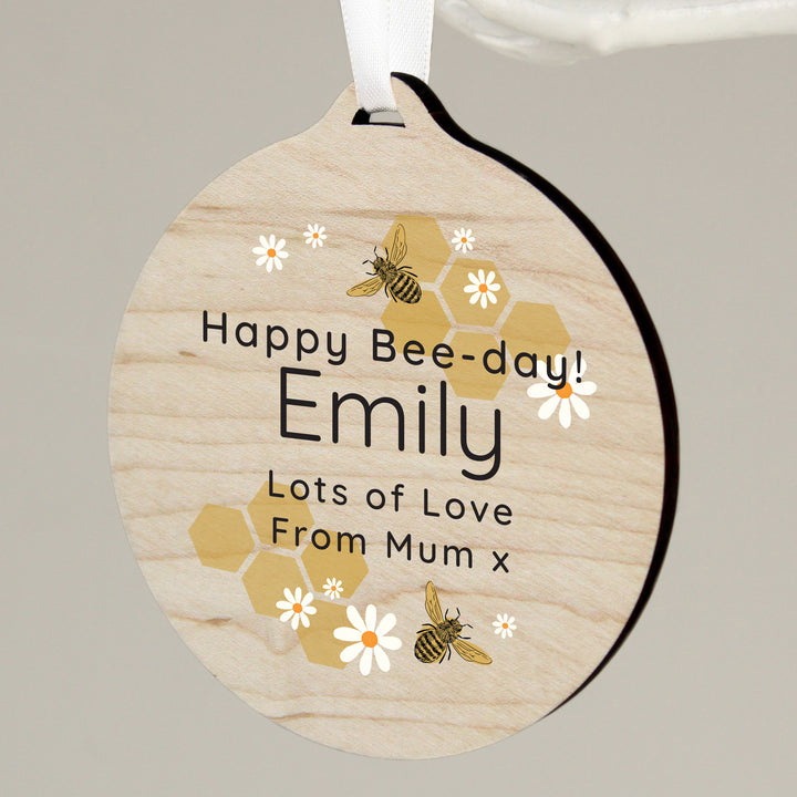 Personalised Bee Round Wooden Decoration - part of the Gifts Finder Personalised Ornaments & Keepsakes collection