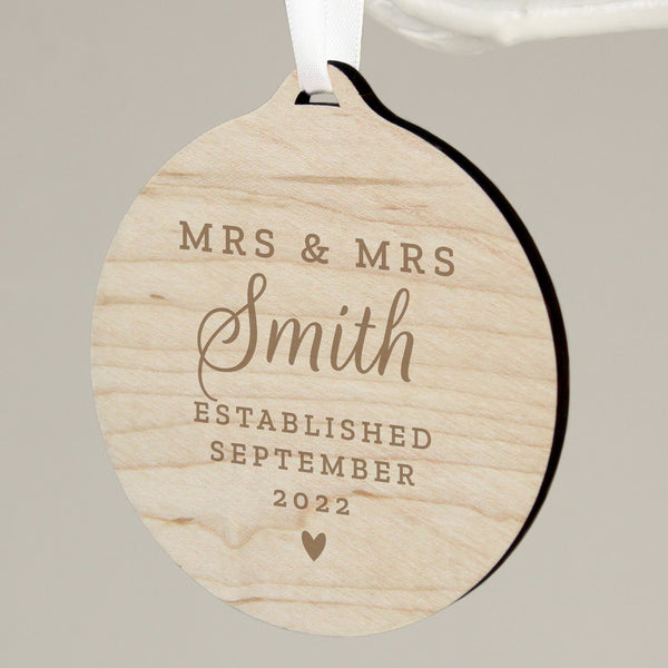 Buy Personalised Mr & Mrs Round Wooden Decoration at www.giftsfinder.co.uk