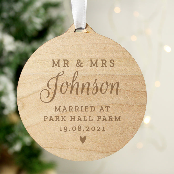 Personalised Mr & Mrs Round Wooden Decoration - part of the Gifts Finder Personalised Ornaments & Keepsakes collection