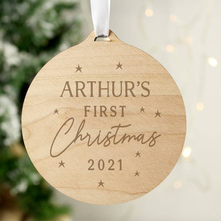 Personalised Baby's First Christmas Round Wooden Decoration - part of the Gifts Finder Personalised Christmas Decorations collection