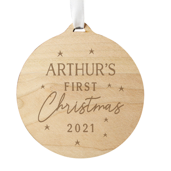 Personalised Baby's First Christmas Round Wooden Decoration - part of the Gifts Finder Personalised Christmas Decorations collection