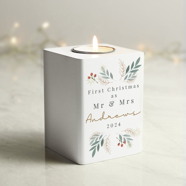 Buy Personalised Christmas Foliage White Tealight Holder available now at www.giftsfinder.co.uk