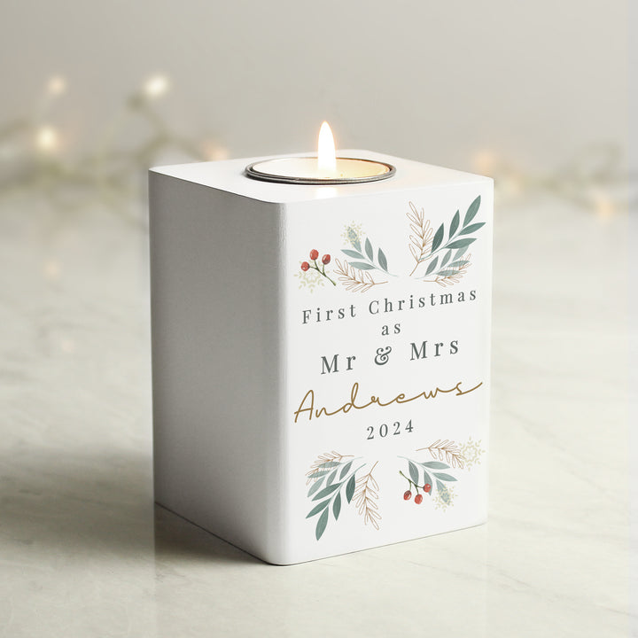 Buy Personalised Christmas Foliage White Tealight Holder available now at www.giftsfinder.co.uk