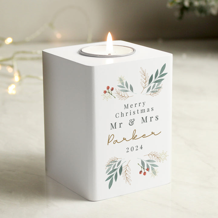 Buy Personalised Christmas Foliage White Tealight Holder available now at www.giftsfinder.co.uk