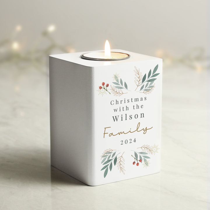 Buy Personalised Christmas Foliage White Tealight Holder available now at www.giftsfinder.co.uk