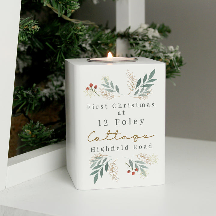 Buy Personalised Christmas Foliage White Tealight Holder available now at www.giftsfinder.co.uk