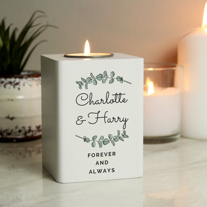 Personalised Botanical White Wooden Tea Light Holder - part of the Gifts Finder Personalised Tea Light Holders collection