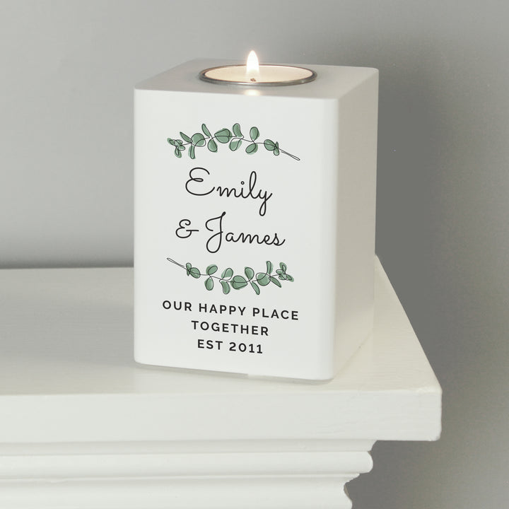 Personalised Botanical White Wooden Tea Light Holder - part of the Gifts Finder Personalised Tea Light Holders collection