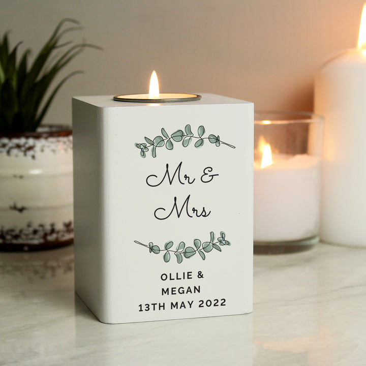 Personalised Botanical White Wooden Tea Light Holder - part of the Gifts Finder Personalised Tea Light Holders collection