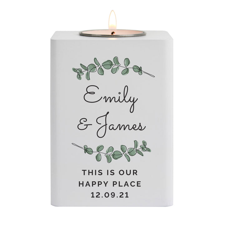 Personalised Botanical White Wooden Tea Light Holder - part of the Gifts Finder Personalised Tea Light Holders collection