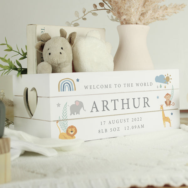 Personalised Safari Animals White Wooden Crate in gift category Personalised Storage Bags