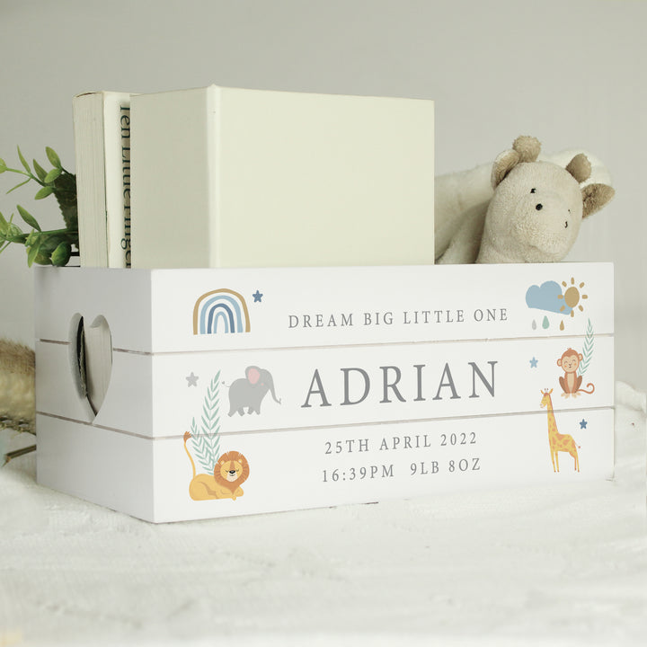 Personalised Safari Animals White Wooden Crate - part of the Gifts Finder Personalised Storage Bags collection