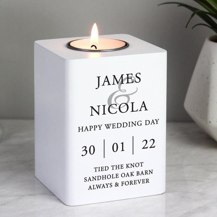 Buy Personalised Couples White Wooden Tea light Holder available now at www.giftsfinder.co.uk