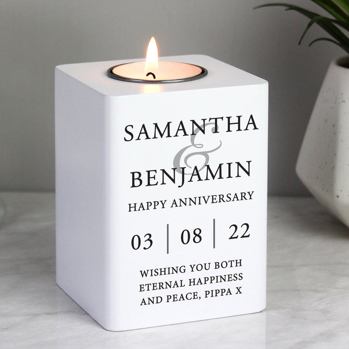 Buy Personalised Couples White Wooden Tea light Holder available now at www.giftsfinder.co.uk