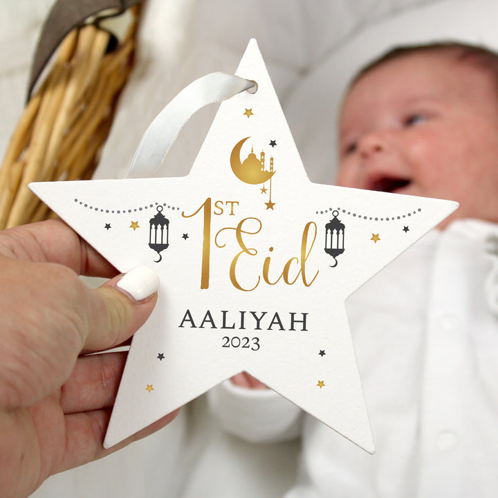 Buy Personalised 1st Eid Wooden Star Decoration available now at www.giftsfinder.co.uk